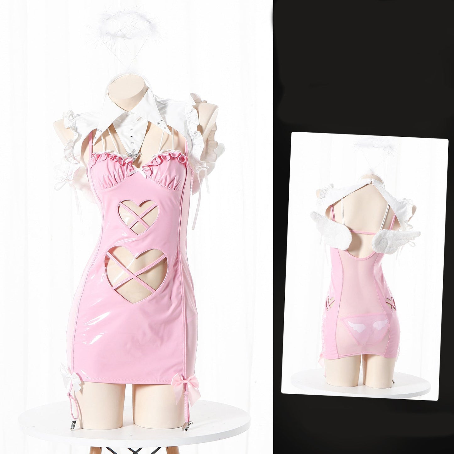 Pink patent mini dress with harness detail, cut-outs, bows, ruffled collar, and angel wings.