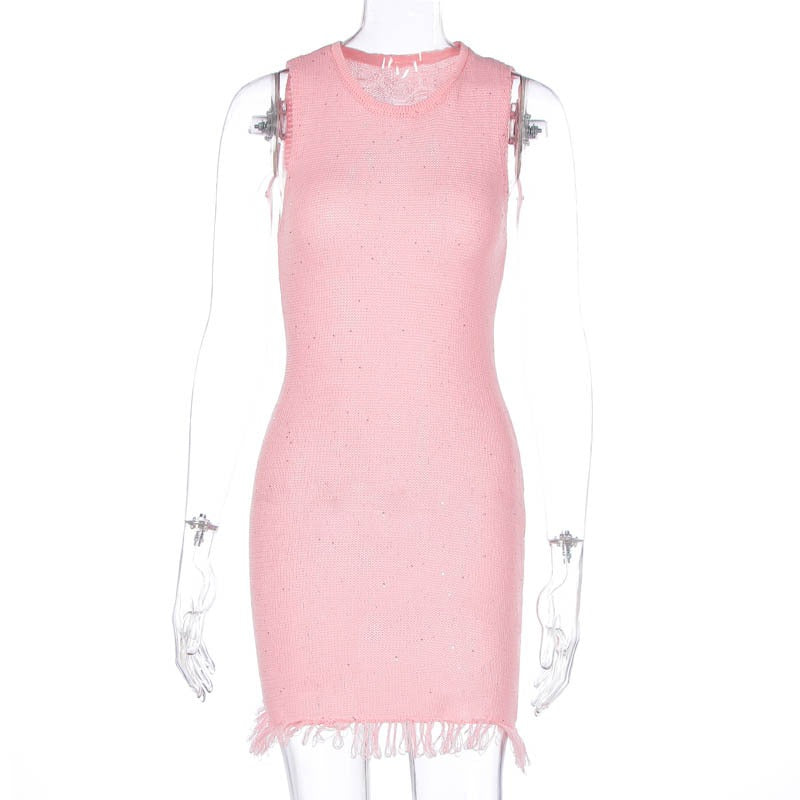 Metallic knit mini dress with fringe hem - View 6 | Lwiis