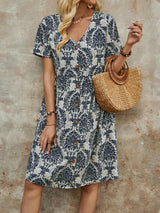 Printed V-Neck Midi Dress - View 8 | Lwiis