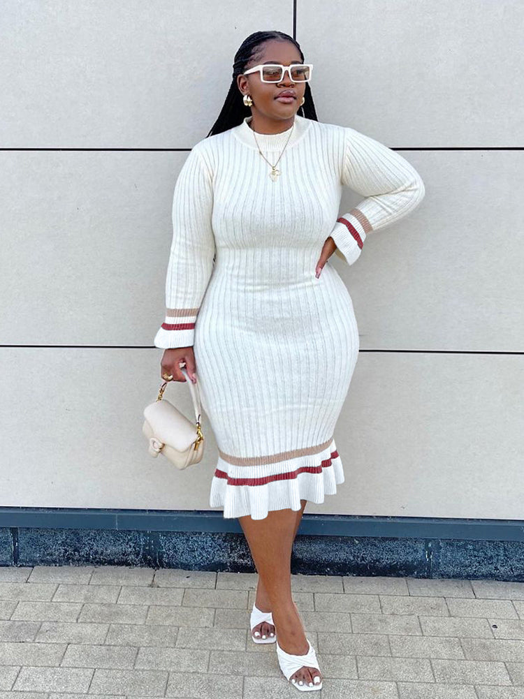 Rib Knit Ruffle Hem Midi Dress - View 7 | Lwiis