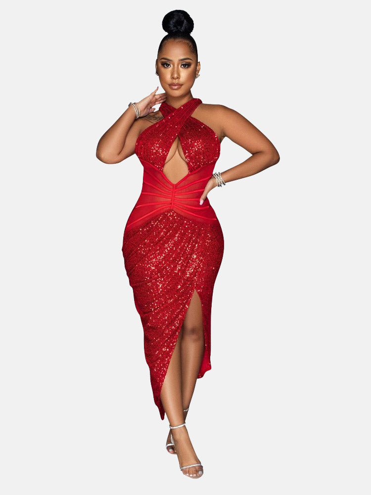 Sequin midi dress with halter neck - View 7 | Lwiis