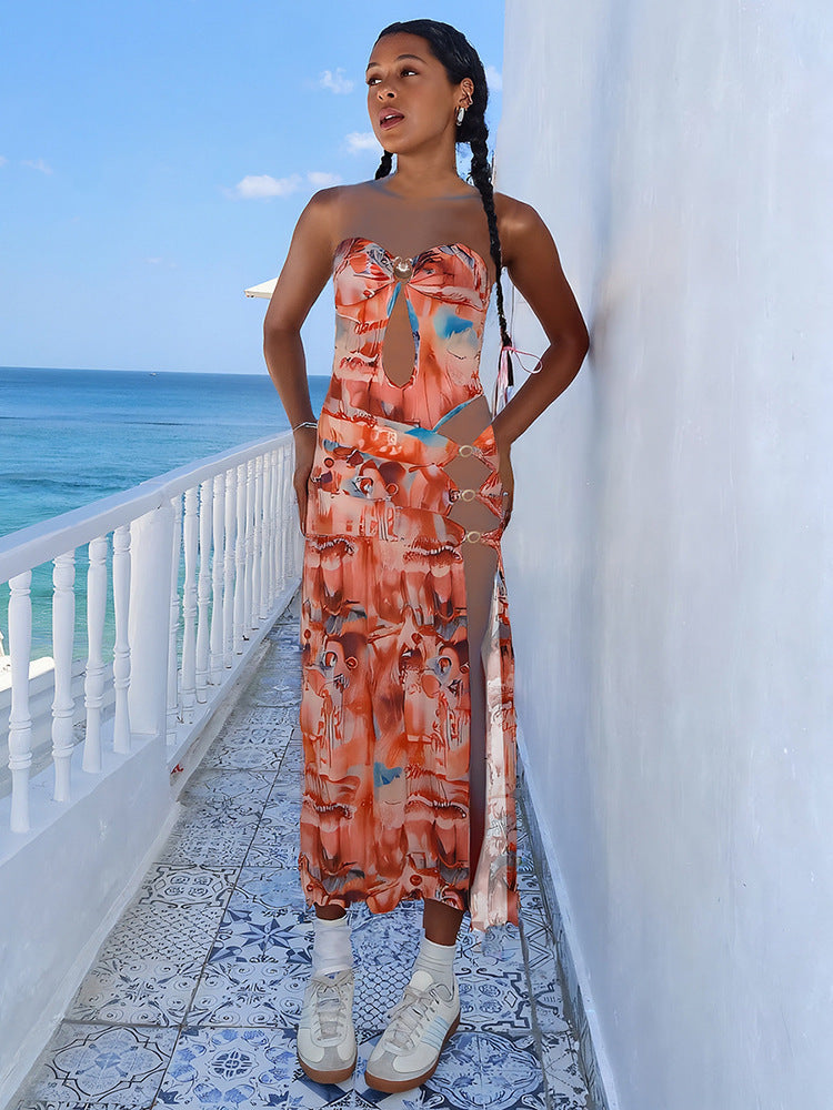 Printed tube midi dress with cut-out detail - View 6 | Lwiis