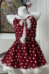 red and white polka dot halter dress with faux fur trim