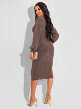 Metallic knit midi dress with V-neckline - View 6 | Lwiis