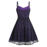 back view of purple and black lace skull print fit and flare dress