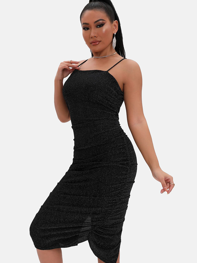 close-up of a model in a black shimmering ruched midi dress