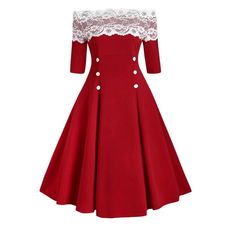 red off-the-shoulder dress with white lace trim and decorative buttons
