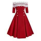 red off-the-shoulder dress with white lace trim and decorative buttons