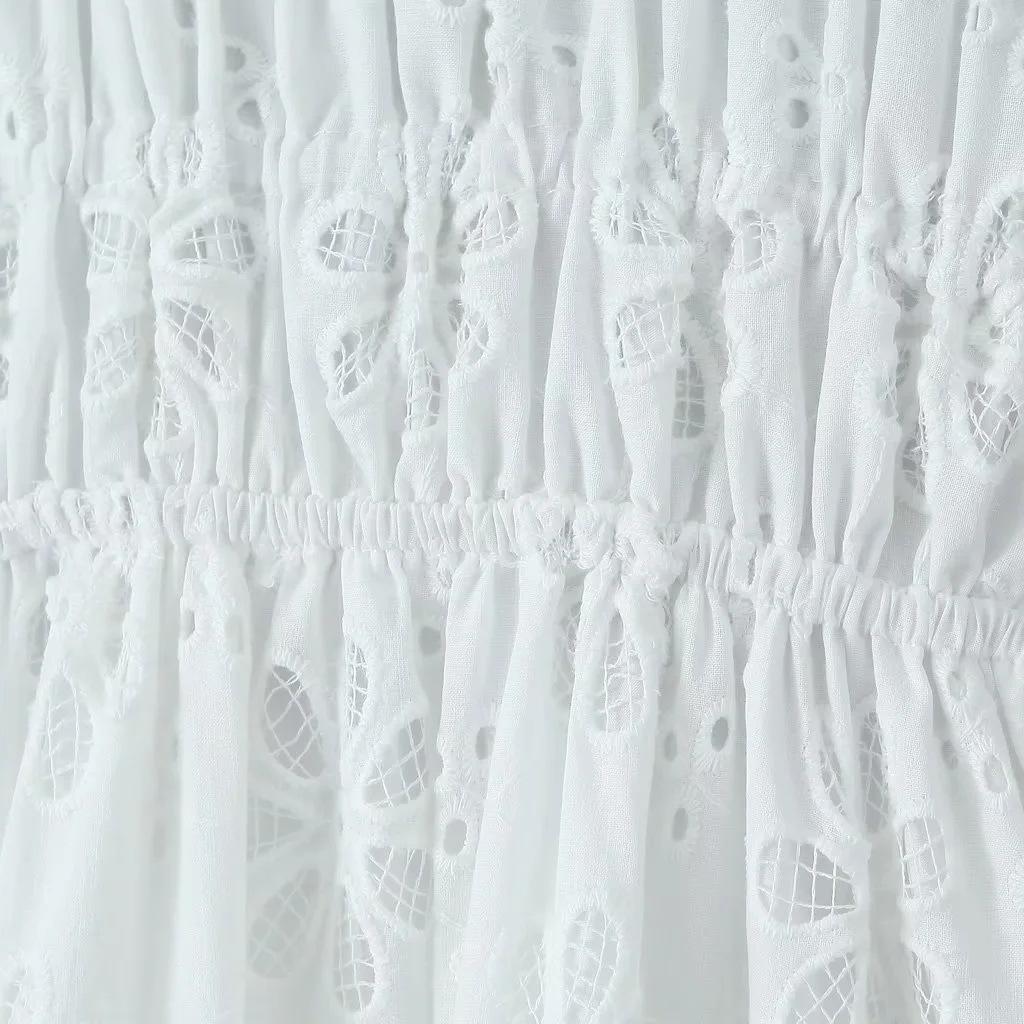 White eyelet A-line maxi dress with smocked bodice and ruffle straps - View 8 | Lwiis