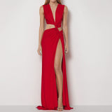 Red sleeveless maxi dress with a plunging V-neck, cut-out waist, and high slit.