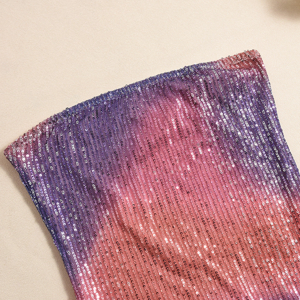Purple sequin mini dress with strapless neckline - View 9 | Lwiis