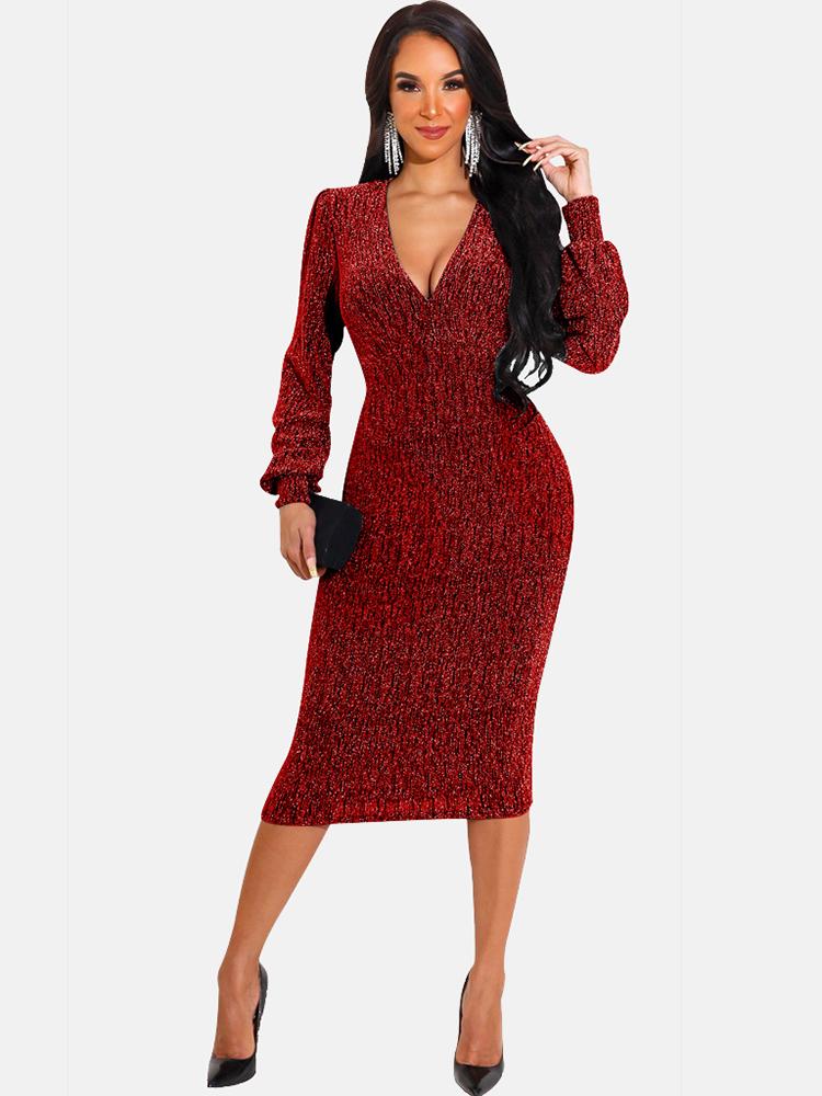 Metallic knit midi dress with V-neckline - View 7 | Lwiis