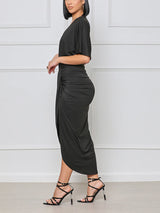 V Neck Ruched Midi Dress with Slit - View 12 | Lwiis