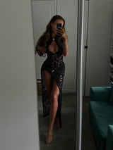 Lace Maxi Dress with High Slit - View 8 | Lwiis