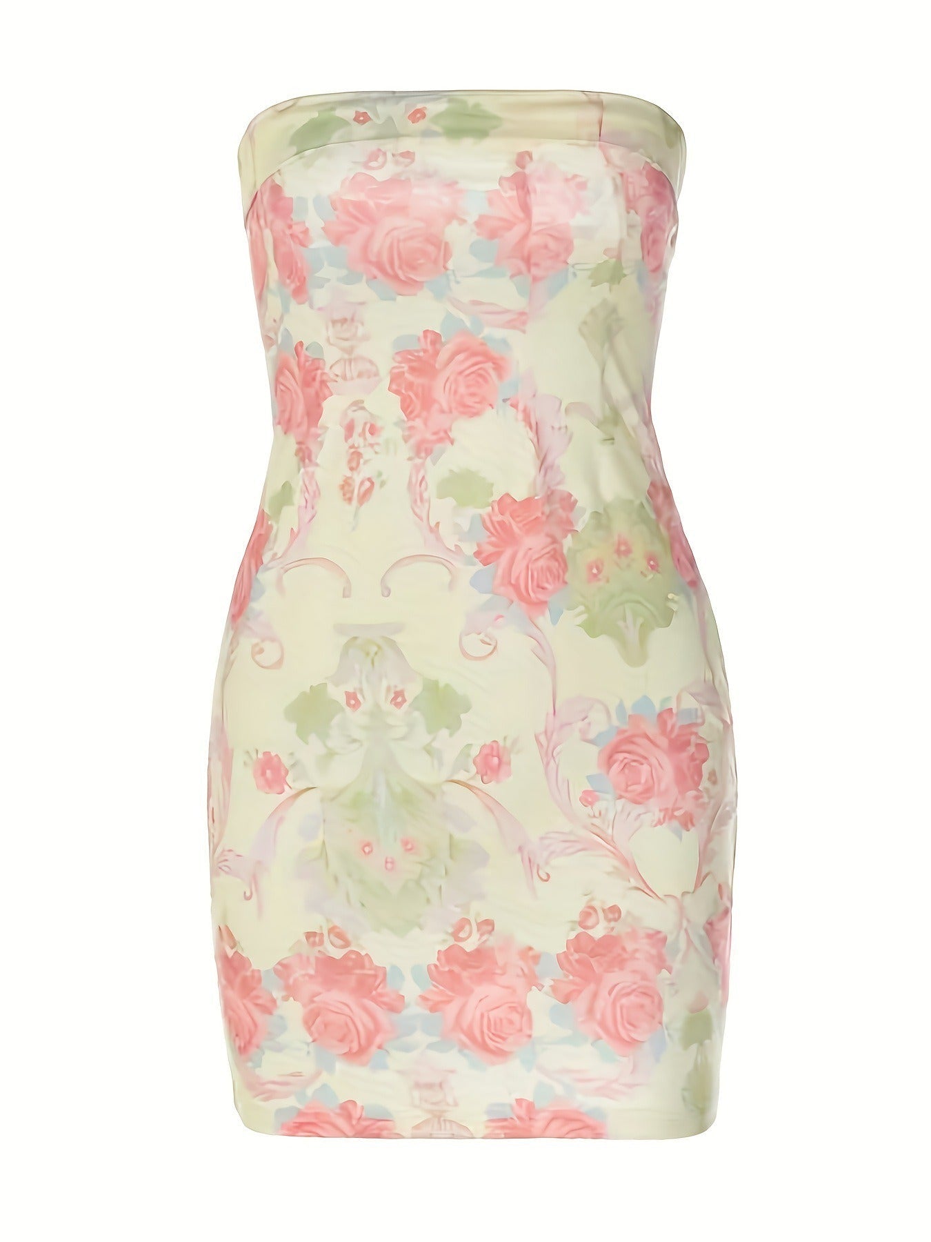 A yellow strapless mini dress with a pink and green floral print.