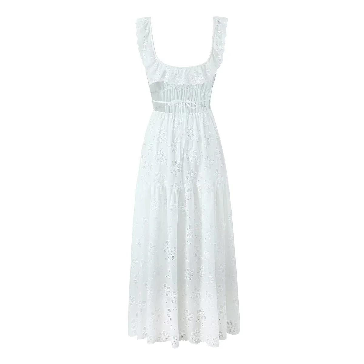 White eyelet A-line maxi dress with smocked bodice and ruffle straps - View 7 | Lwiis