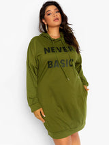 Plus size olive green hoodie dress with "NEVER BASIC" graphic print