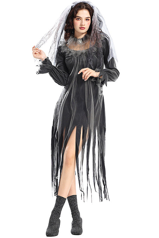 Woman in a Halloween costume, a dark ethereal dress with a veil, holding a strand of the veil.
