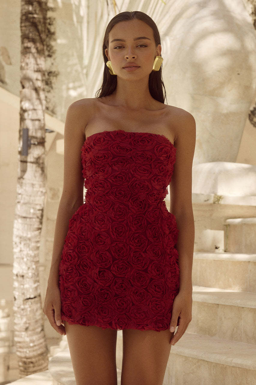 Woman wearing a red strapless mini dress with rose appliqués