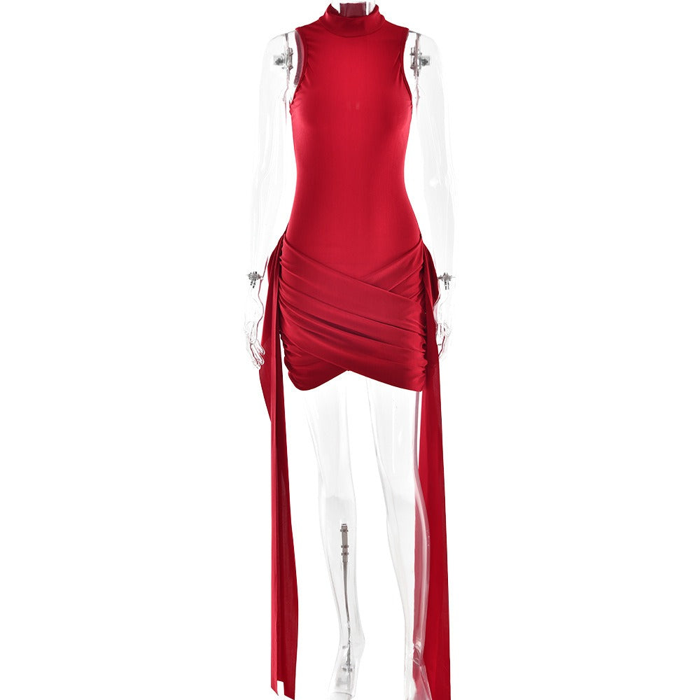 Mock neck ruched sleeveless midi dress - View 7 | Lwiis