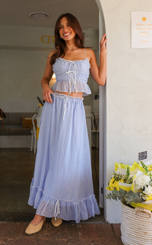 Ruffled trim cropped top and flowing A-line maxi skirt set - View 12 | Lwiis