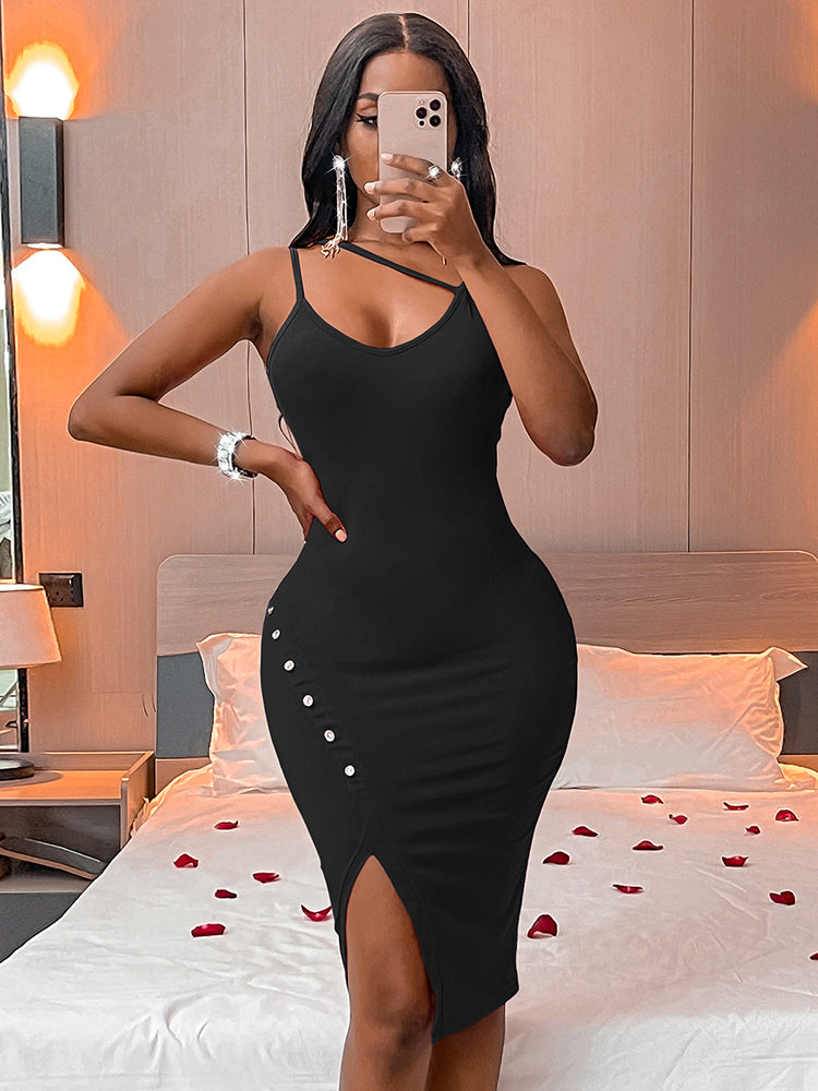 Woman in a black ribbed knit bodycon midi dress with an asymmetrical neckline, spaghetti straps, and a high slit hem with button details, holding a phone.