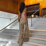 Green floral print maxi dress with sweetheart neckline and high slit - View 7 | Lwiis