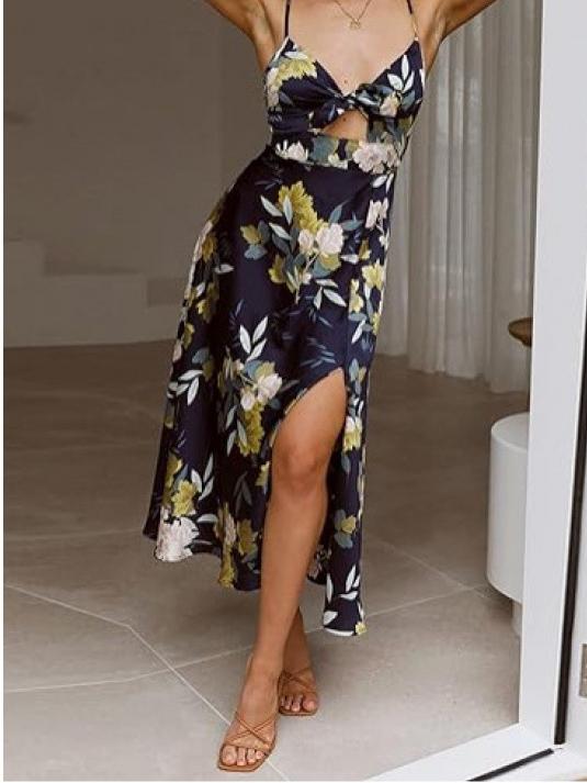 Floral print midi dress with tie front bodice and A-line silhouette - View 7 | Lwiis