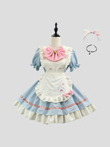 A complete maid costume set displayed on a mannequin, including a dress, headband, and necklace.