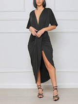 V Neck Ruched Midi Dress with Slit - View 11 | Lwiis