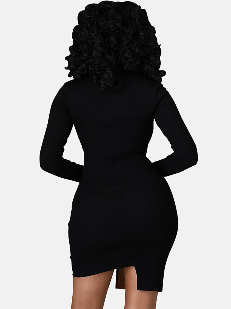Rear view of a woman in a black long-sleeved bodycon dress.
