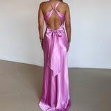 Elegant satin maxi dress with V-neckline and A-line silhouette - View 8 | Lwiis