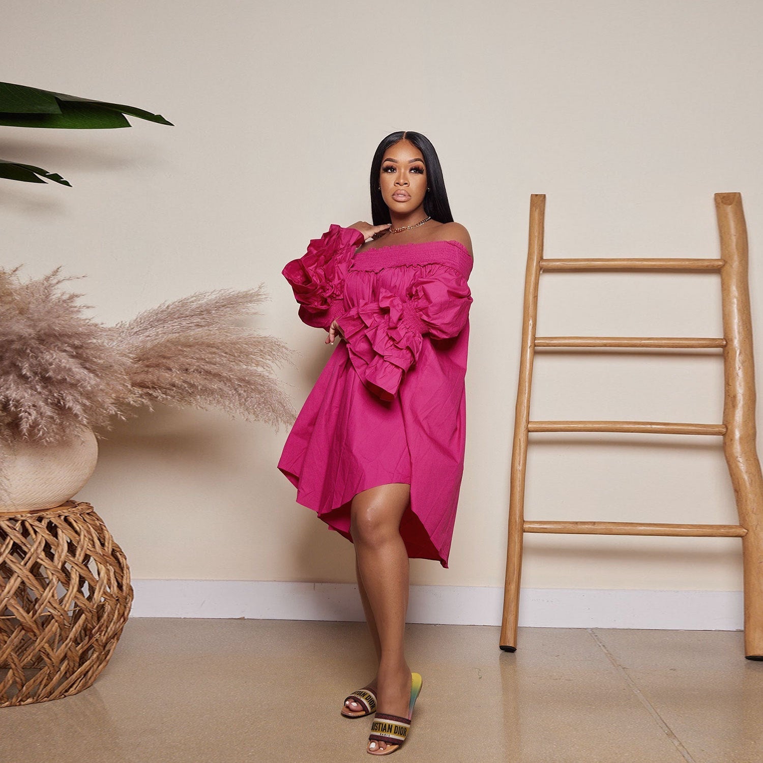 Off-Shoulder Tiered Mini Dress with Ruffle Sleeves - View 13 | Lwiis