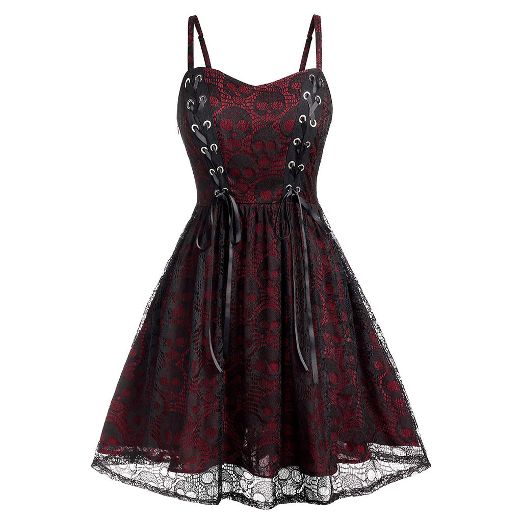 purple and black lace skull print fit and flare dress with lace-up bodice