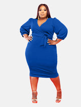Plus-size royal blue V-neck wrap dress with puff sleeves and self-tie belt