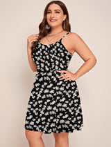 Plus size black and white floral print spaghetti strap A-line dress