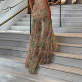 Green floral print maxi dress with sweetheart neckline and high slit - View 6 | Lwiis