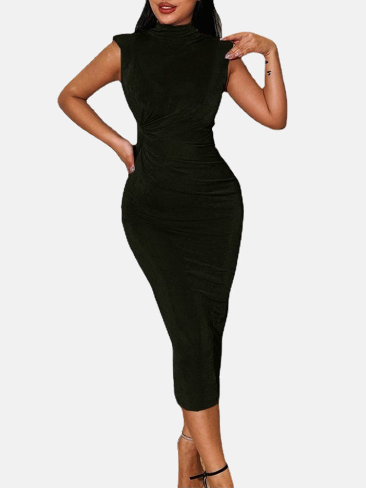 Woman wearing a black velvet ruched bodycon dress with a high neck and sleeveless design.
