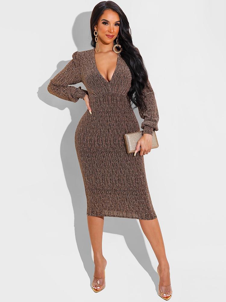 Woman wearing a bronze metallic knit V-neck long sleeve bodycon midi dress