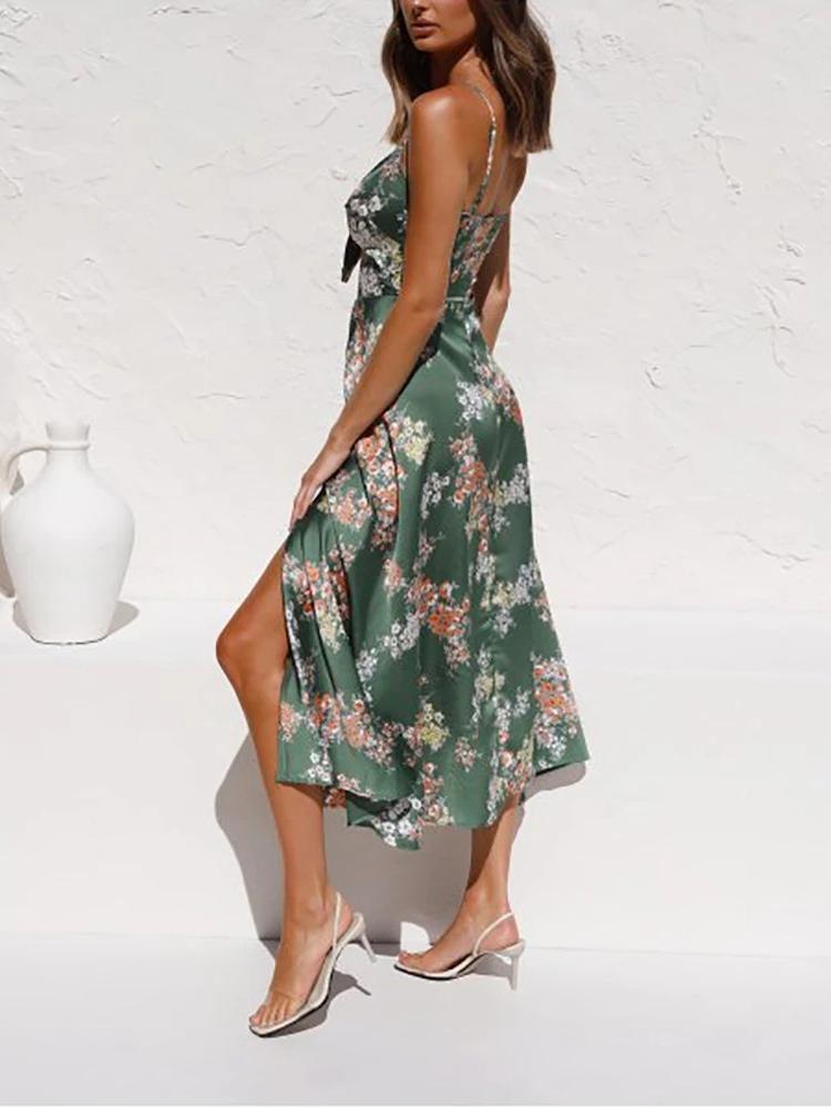 Floral print midi dress with tie front bodice and A-line silhouette - View 9 | Lwiis