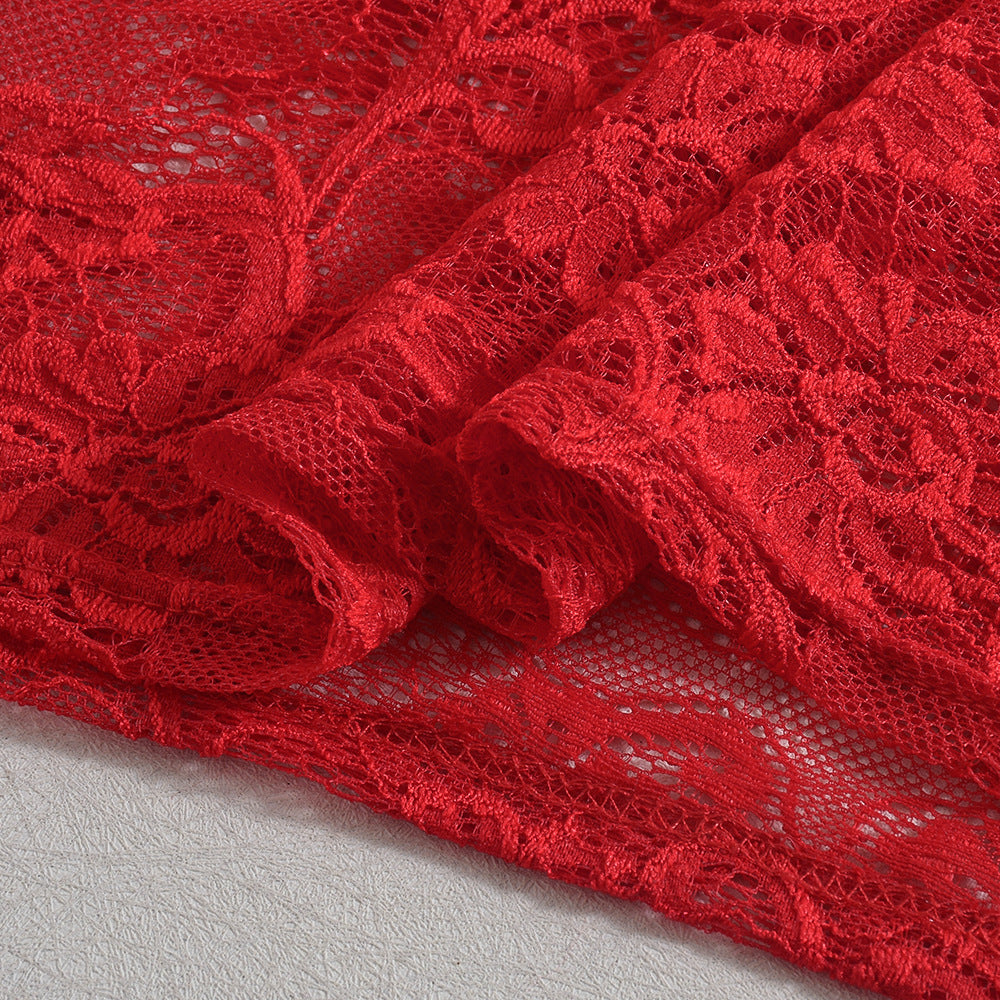 Festive lace mini dress with faux fur trim and ribbon accents - View 8 | Lwiis