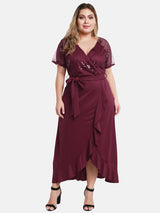 Plus-size grey V-neck wrap dress with sequined bodice and ruffle hem