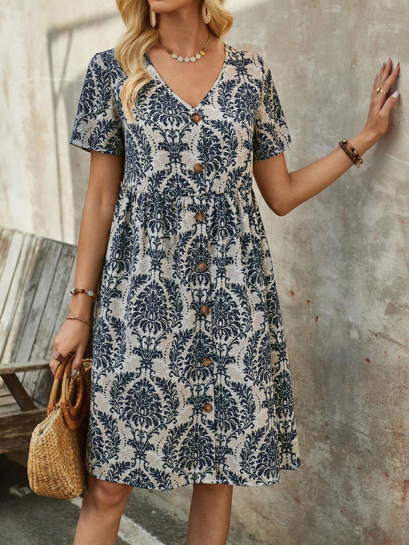 Printed V-Neck Midi Dress - View 7 | Lwiis