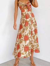 Close-up of the floral print on the dress.