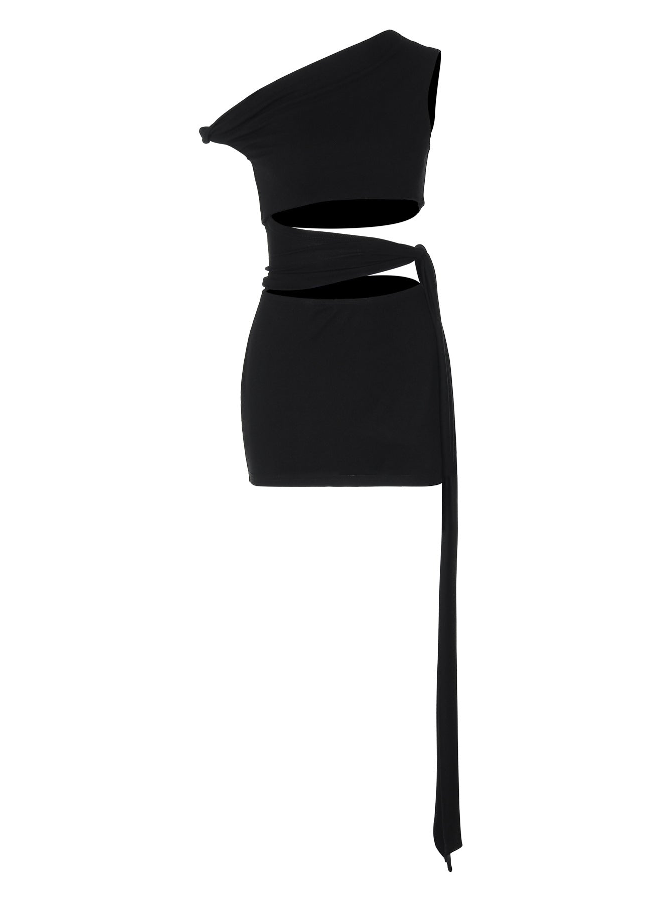 Product image of a black one-shoulder asymmetrical cut-out mini dress with a wrap-around waist tie.