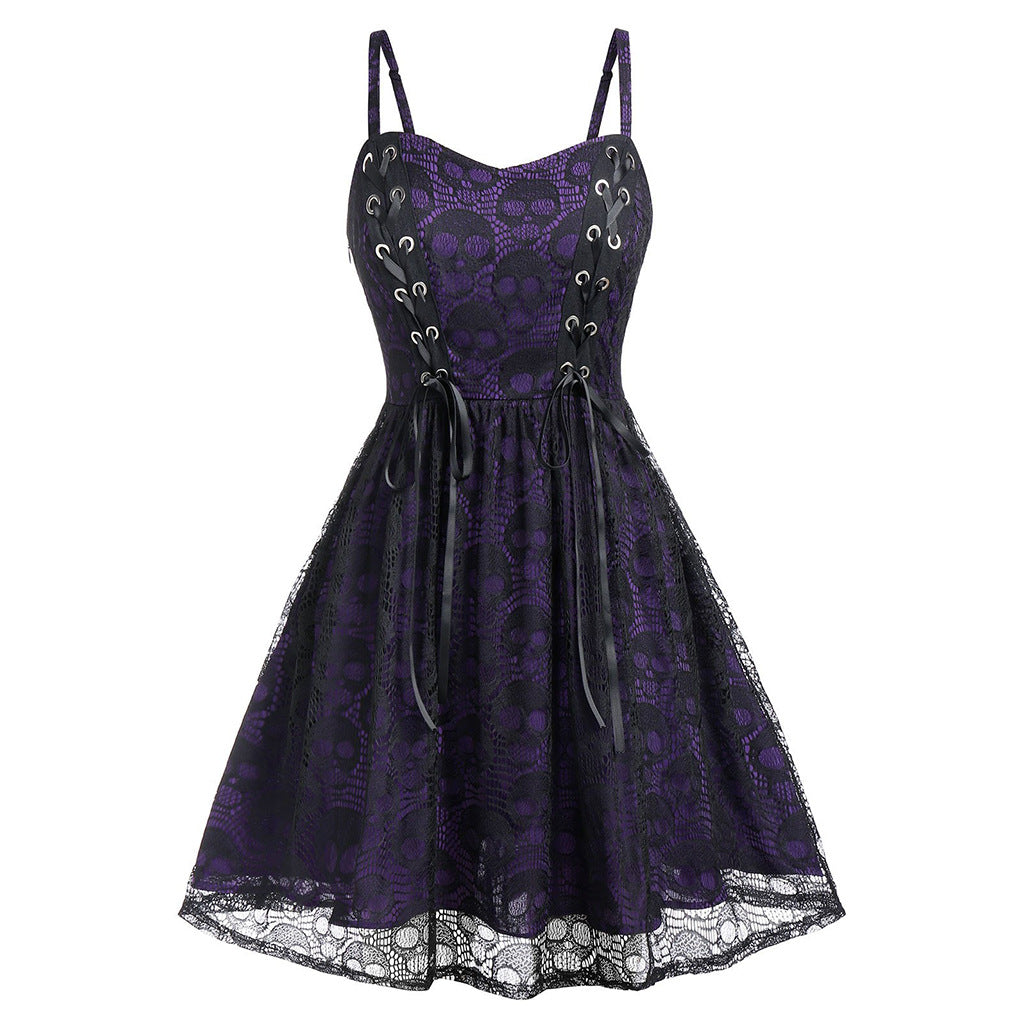 green lace skull print dress with black lace-up detail