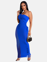 woman wearing a blue one-shoulder column gown with sheer mesh panel and ruching