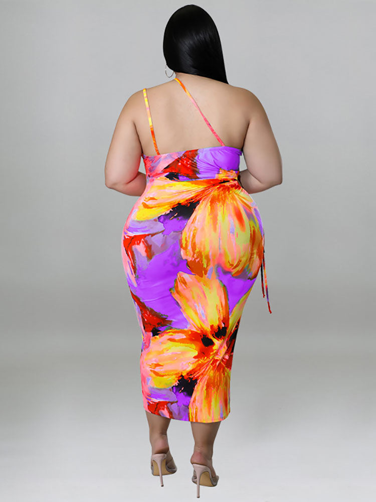 One Shoulder Floral Print Midi Dress - View 9 | Lwiis