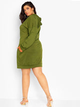 Back view of plus size olive green hoodie dress