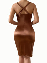 Elegant Satin Sheath Dress with Asymmetrical Hem - View 6 | Lwiis